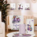 Personalized Crib Bedding Set for Girls, Custom Name Baby Crib Sets 5-Pcs Include Toddler Double Layer Blanket Fitted Sheet Changing Pad Cover Rug Wall Art Set, Electric Bicycles Pattern Nursery Décor