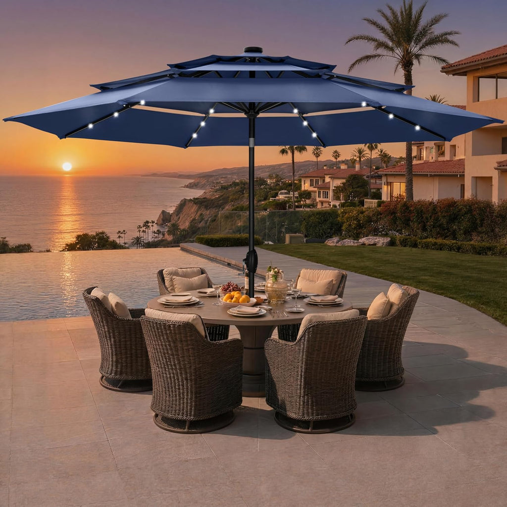 Sophia & William 10ft Patio Umbrellas 3-Tier Umbrella Outdoor Patio Umbrellas with Lights Vented Top 24 LED lights Adjustable Tilt for Pool Garden Backyard, Navy