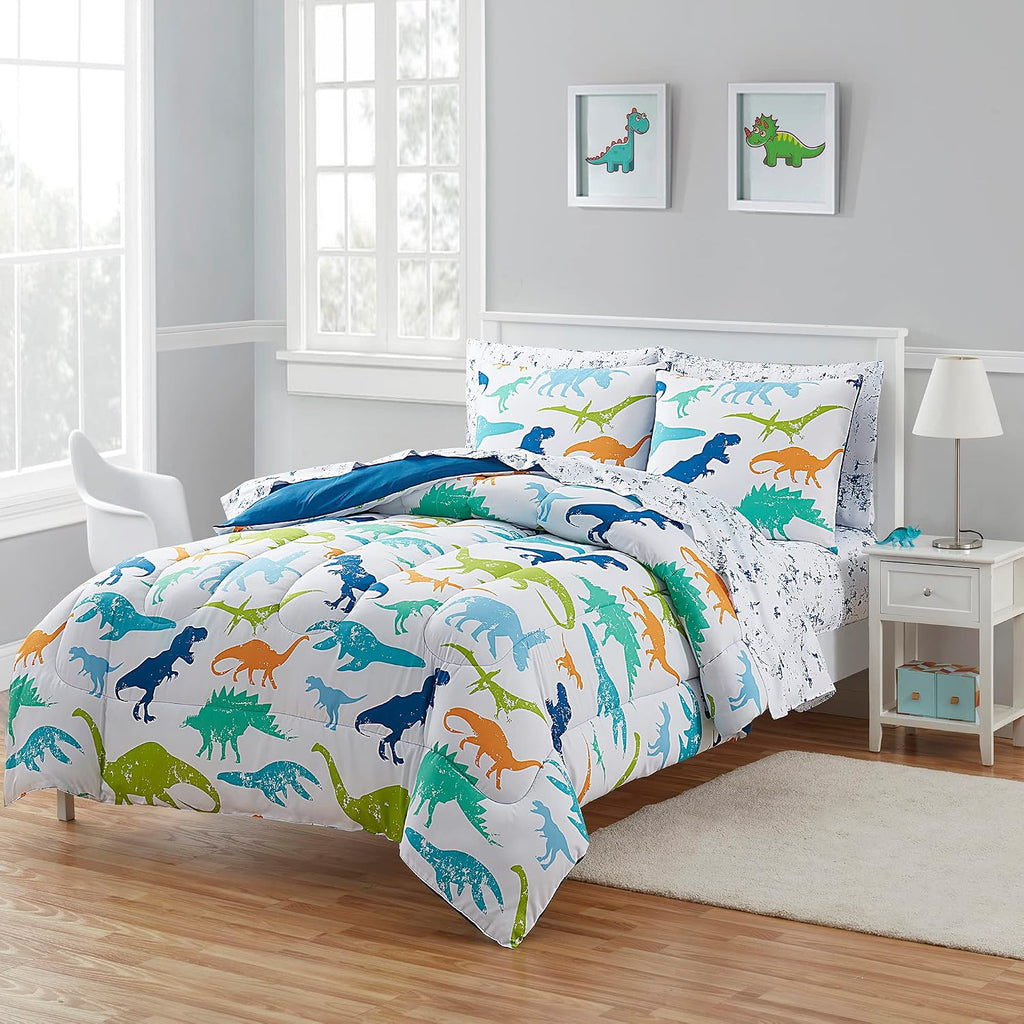 Kids Bedding Set Bed in a Bag for Boys and Girls Toddlers Printed Sheet Set and Comforter, Twin, Dinosaur (Pack of 4)