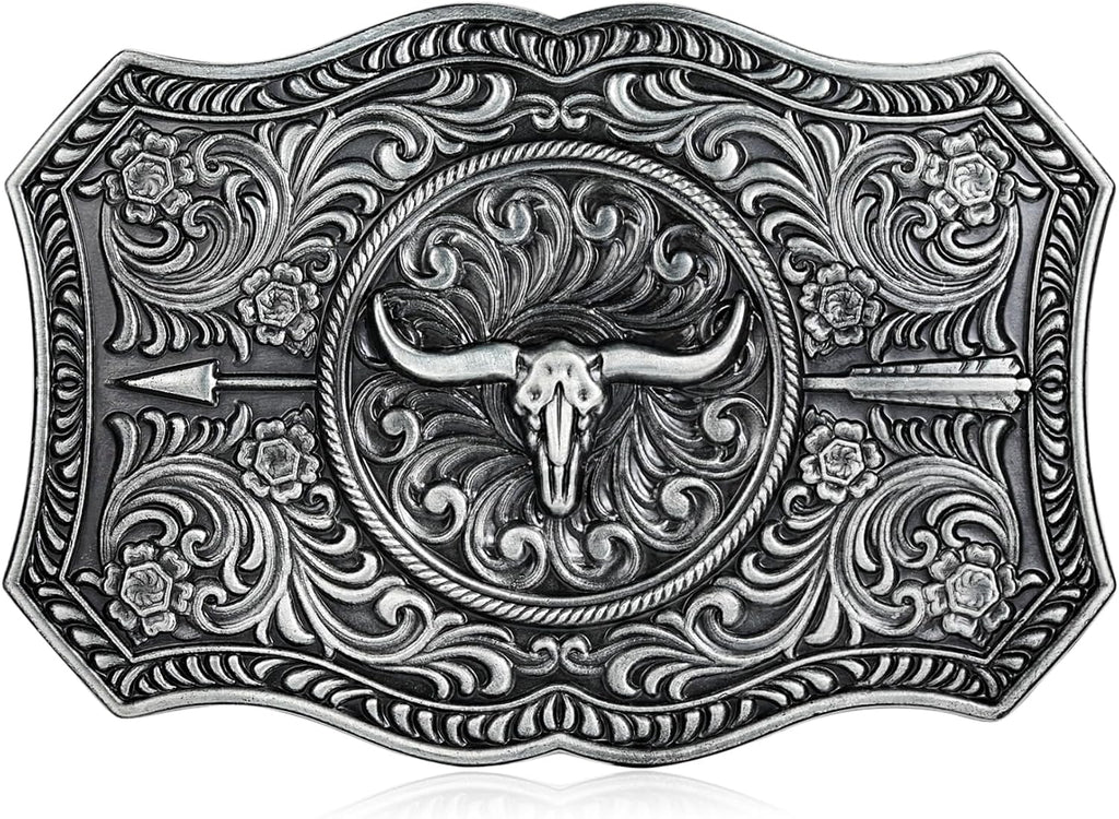 Men's Western Belt Buckle - Turquoise Texas Longhorn Bull Design for Cowboy & Rodeo Style