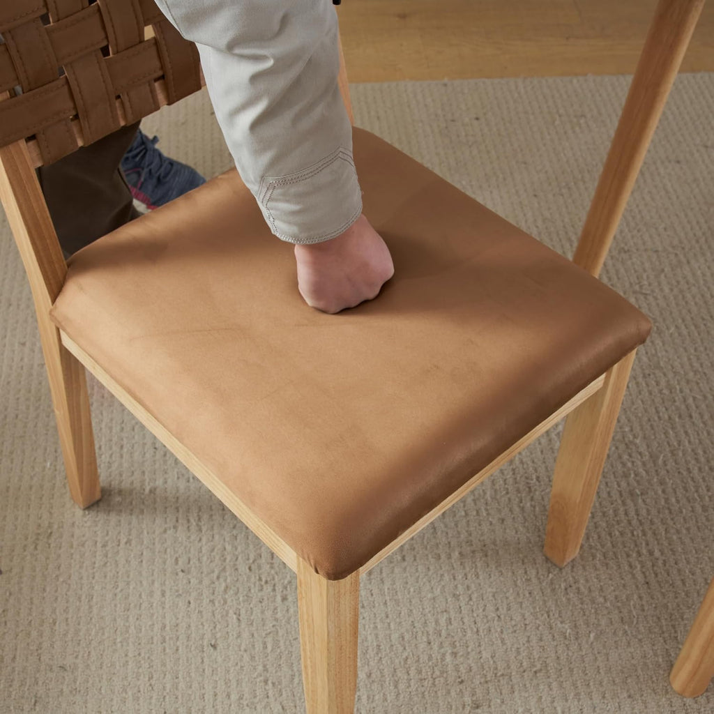 VINGLI Brown Woven Wooden Dining Chairs Set of 2,Armless Mid Century Modern Desk Chairs with Rivet&Foot Pegs,Upholstered Farmhouse Comfy Chair No Wheels for Dining Room,Living Room,Kitchen,Oak,Suede