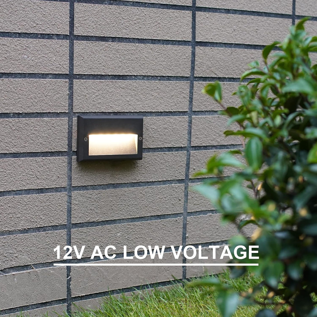 GOODSMANN Low Voltage Step Lights Kits 5.5 Inch Outdoor 12V AC Landscape Stair Lights Wired 8PK 3W LED Electric Outdoor Deck Lighting Black Metal 49 Lumens 3000K Warm White with Cable Connectors