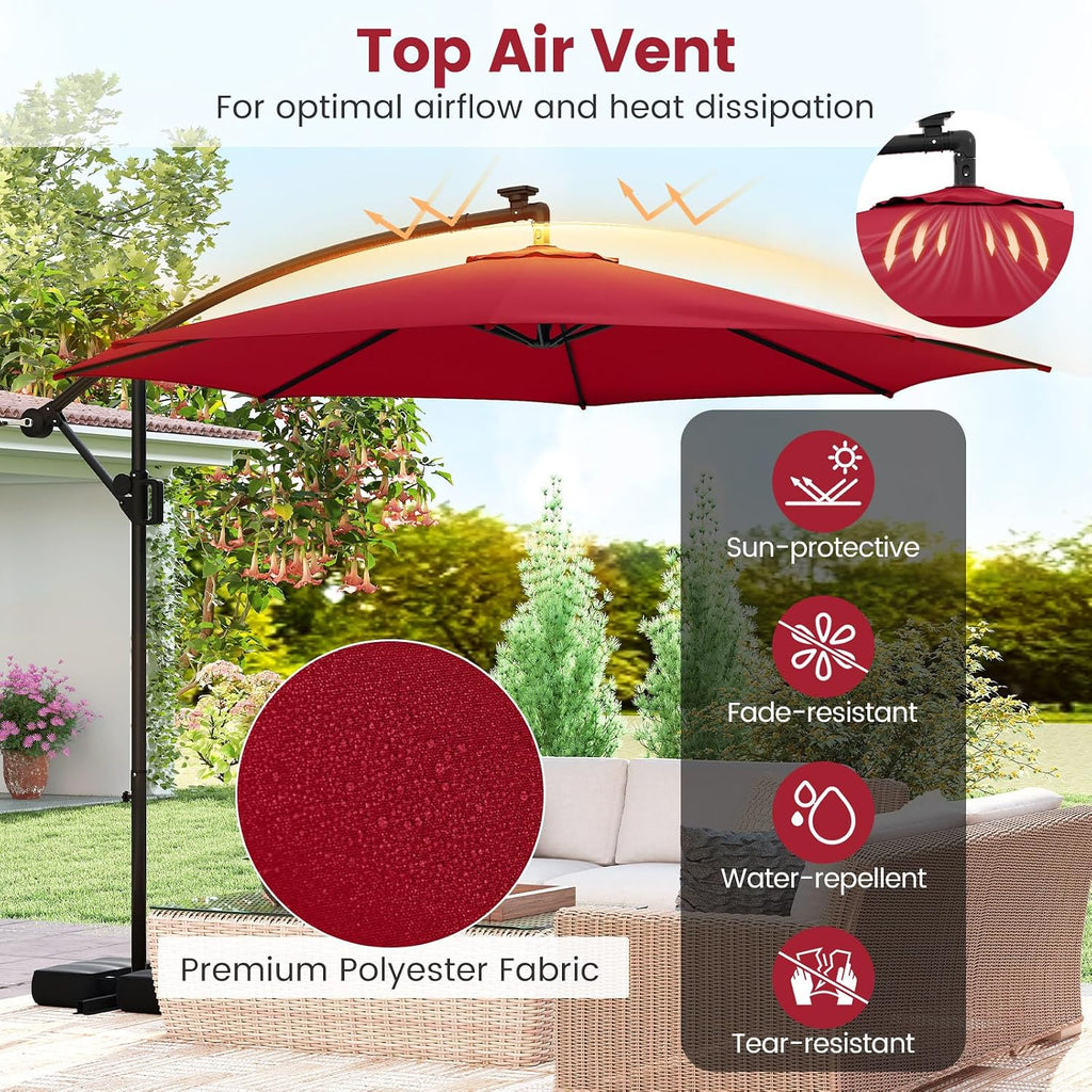 Tangkula 10 FT Solar Patio Umbrella with Base Included, Cantilever Offset Hanging Outdoor Umbrella with 96 Multi-Colored Flowing LED Lights, 9 Modes, Tilt Adjustment, 360° Rotation, Crank for Pool Yard Deck Lawn (Red)