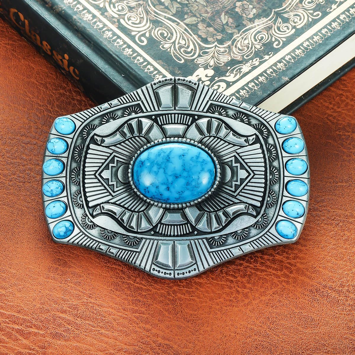 Men's Western Belt Buckle - Vintage Turquoise with Native American & Cowboy Elements
