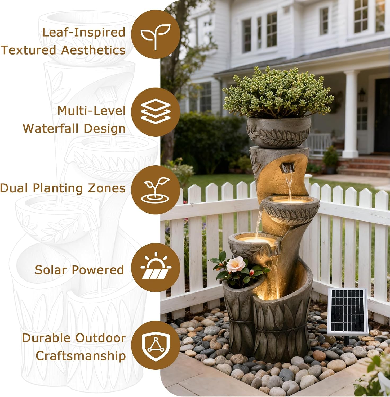4 Tiered Solar Water Fountain Outdoor Garden, 35.6' Tall Cascading Bowl Leaf Carved Outdoor Waterfall Fountains Modern Water Feature with Dual Planters for Garden, Patio, Deck, Yard, Indoor Decor