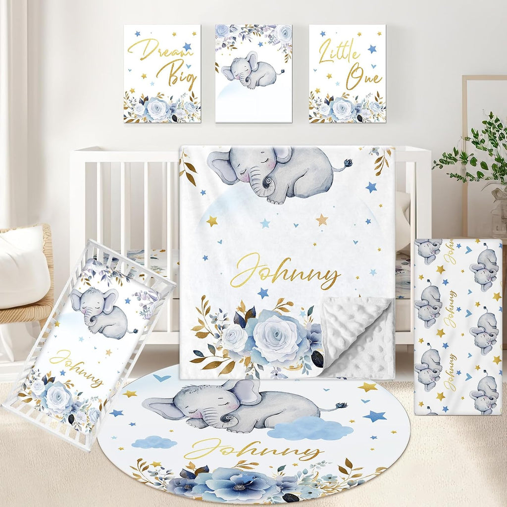 KAINSY Custom Crib Bedding Set 5 Piece for Girls Boys – Personalized Elephant Theme, Newborn Sleep Set, Nursery Decor, Toddler Room Essentials, Infant Sleep, Baby Room Accessories, Baby Gift