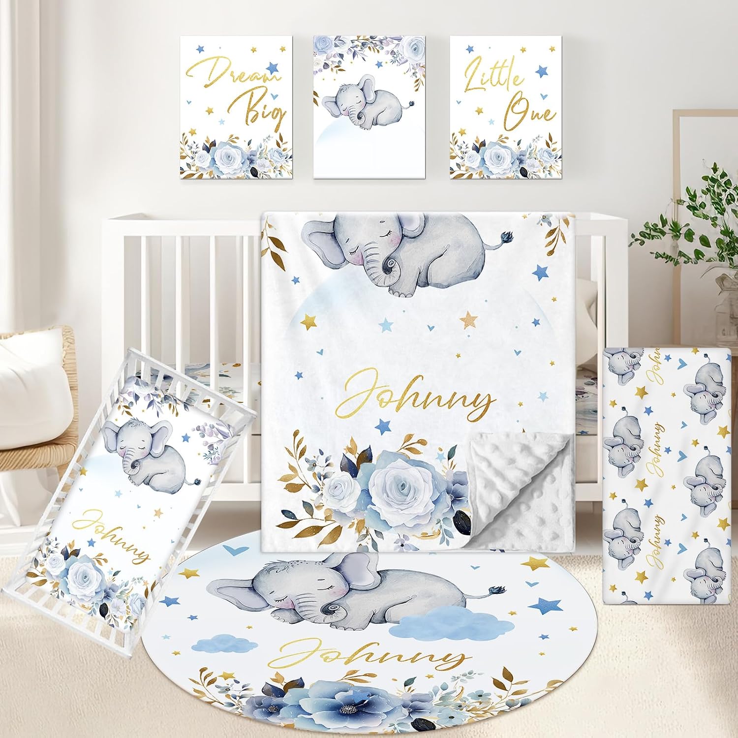 KAINSY Custom Crib Bedding Set 5 Piece for Girls Boys – Personalized Elephant Theme, Newborn Sleep Set, Nursery Decor, Toddler Room Essentials, Infant Sleep, Baby Room Accessories, Baby Gift