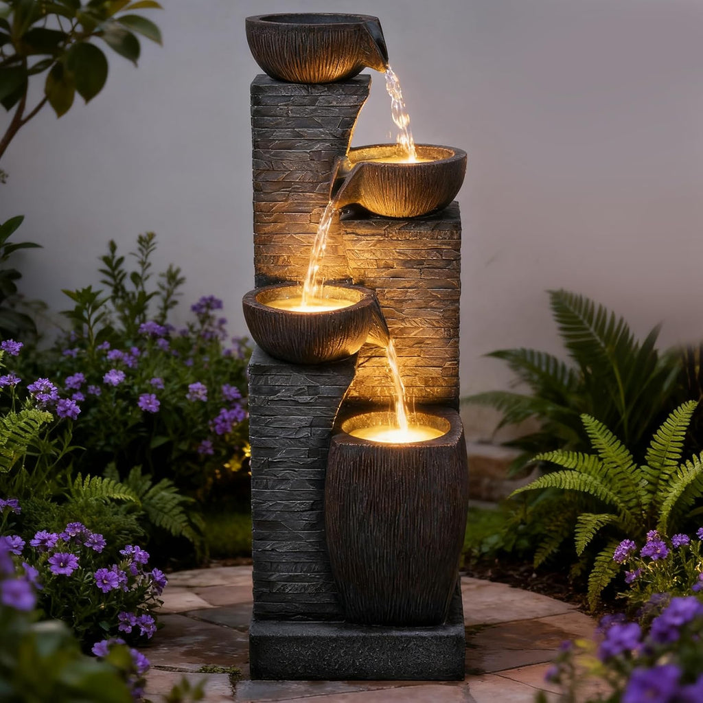38.2' Tall Water Fountain Outdoor Garden,4 Tiers Modern Cascading Bowls and Stacked Stones Indoor Fountains with LED Lights for Garden, Patio, Deck, Porch, Backyard and Home Art Decor(Grey)