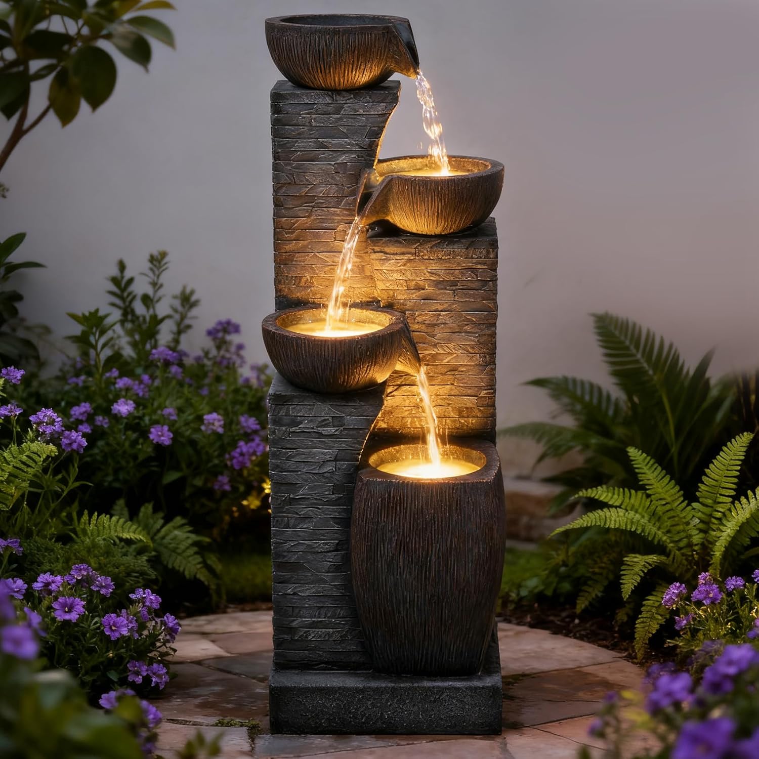 38.2' Tall Water Fountain Outdoor Garden,4 Tiers Modern Cascading Bowls and Stacked Stones Indoor Fountains with LED Lights for Garden, Patio, Deck, Porch, Backyard and Home Art Decor(Grey)