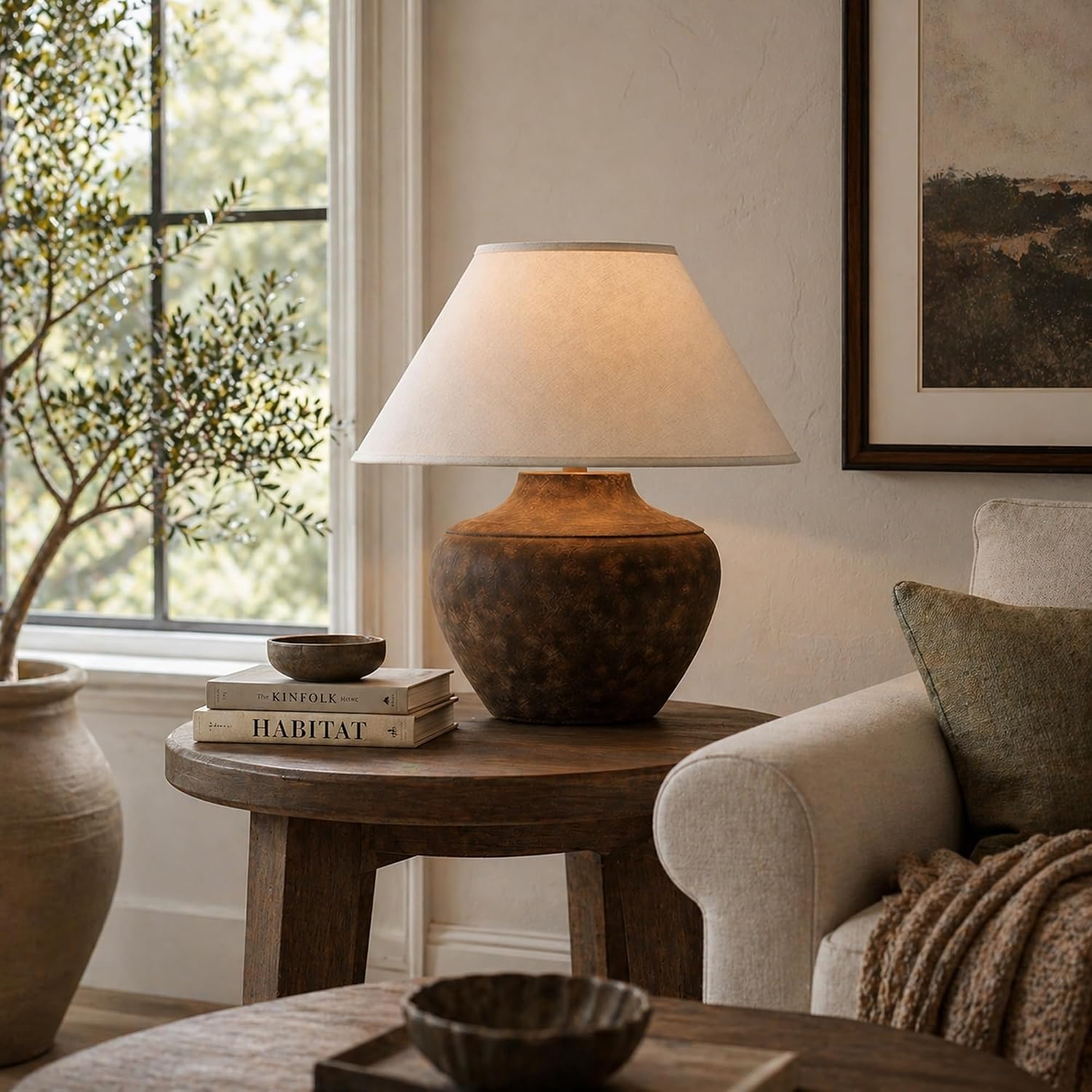 Troy Lighting PTL1010 Calabria - 20.5 Inch Table Lamp, Sienna Finish with Off-White Linen Shade, 20.50x20.00x20.00