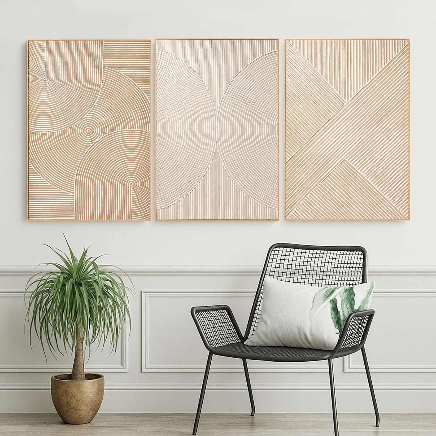 Zessonic Large Textured 3D Wall Art Neutral Set of 3-24'x36' Hand-Painted Abstract Canvas Framed Paintings Brown for Living Room, Bedroom - Modern Minimalist Neutral Boho Decor