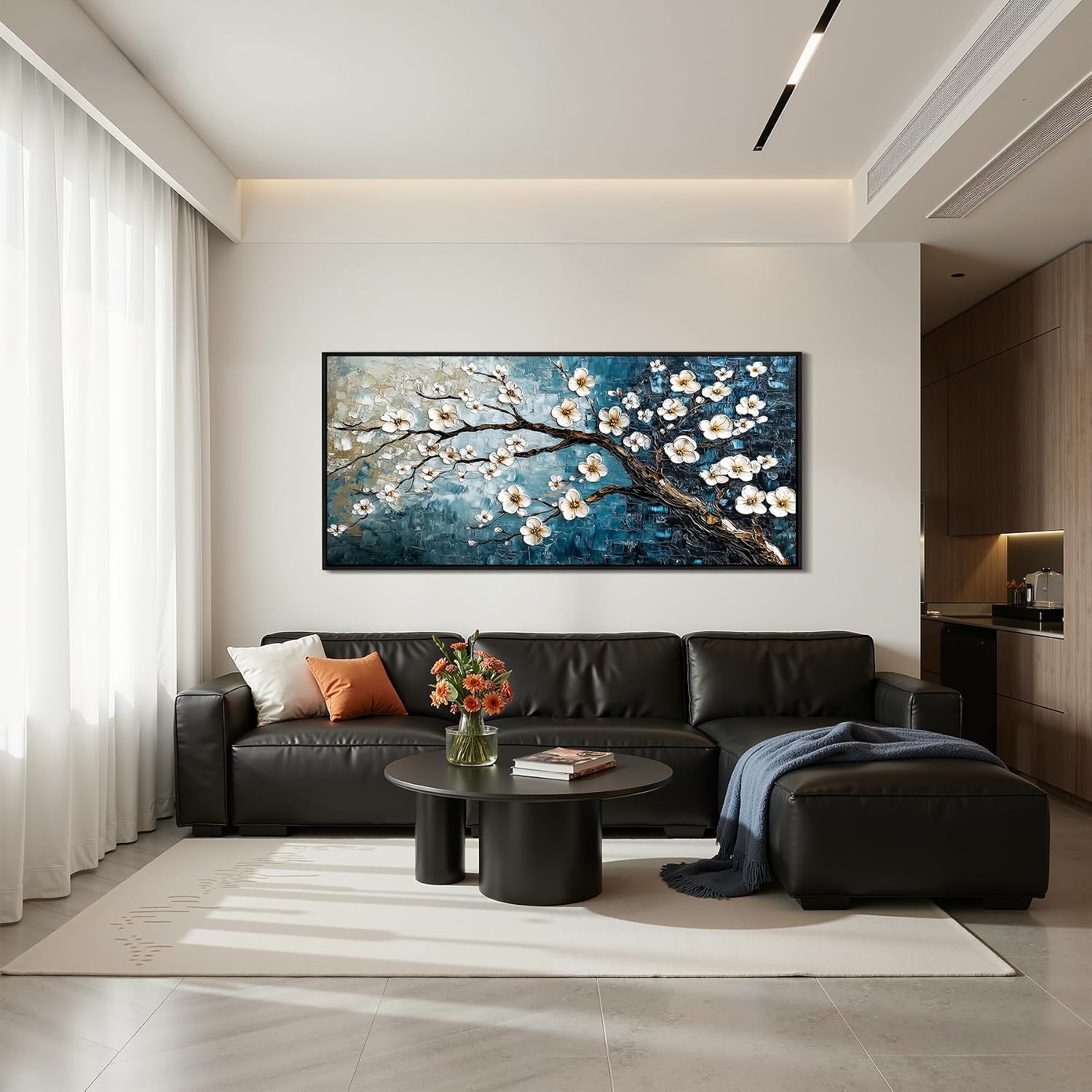 crmotu Large Plum Blossom Wall Art, Japanese Teal Tree Oil Paintings Prints Framed Artwork, Modern Blue Tree Pictures Wall Decor Living Room Bedroom Home Office, 32'x71'