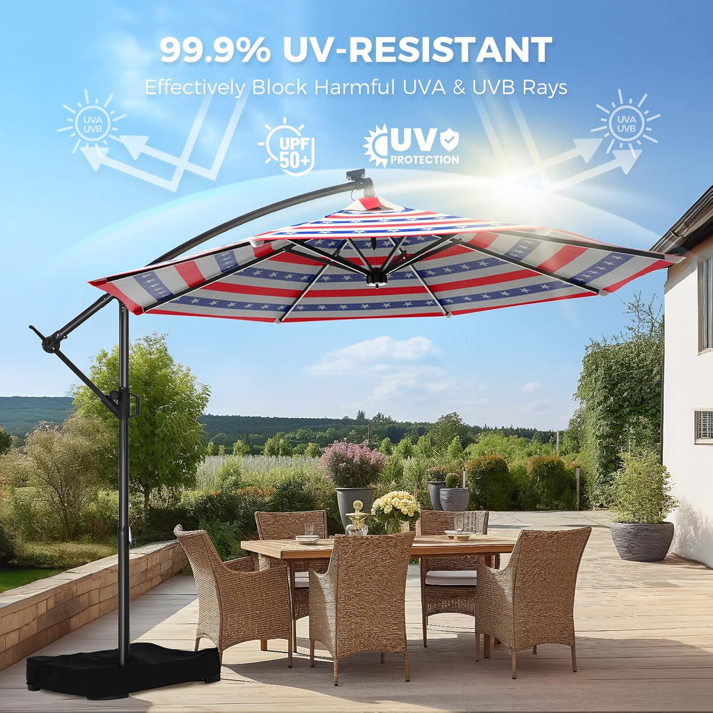 10ft Solar LED Cantilever Patio Umbrella, Stars and Stripes Patriotic Design Offset Outdoor Umbrella, Large Red White Blue Sun Shading with Base, Flag-Themed Decor for 4th of July, Memorial Day
