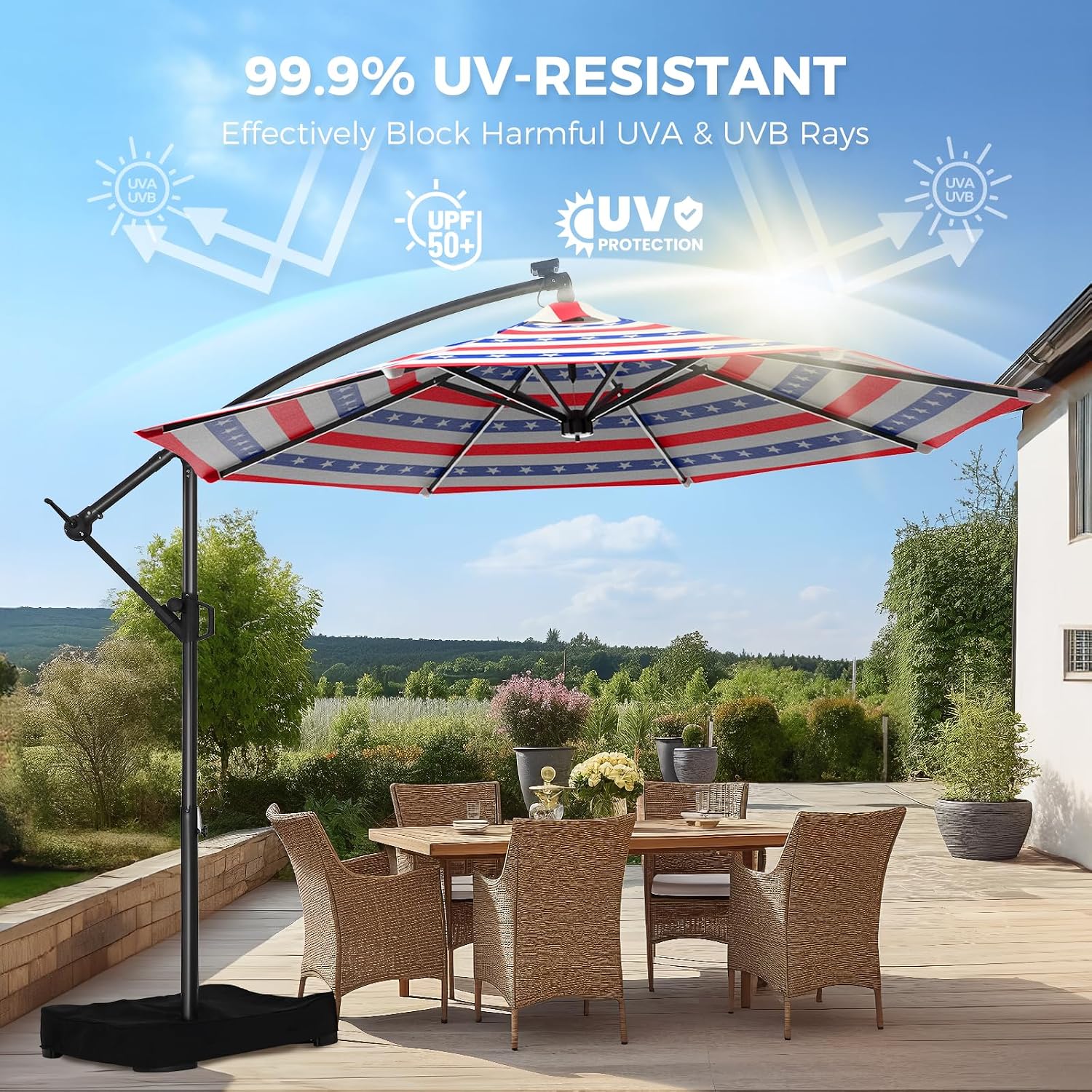 10ft Solar LED Cantilever Patio Umbrella, Stars and Stripes Patriotic Design Offset Outdoor Umbrella, Large Red White Blue Sun Shading with Base, Flag-Themed Decor for 4th of July, Memorial Day