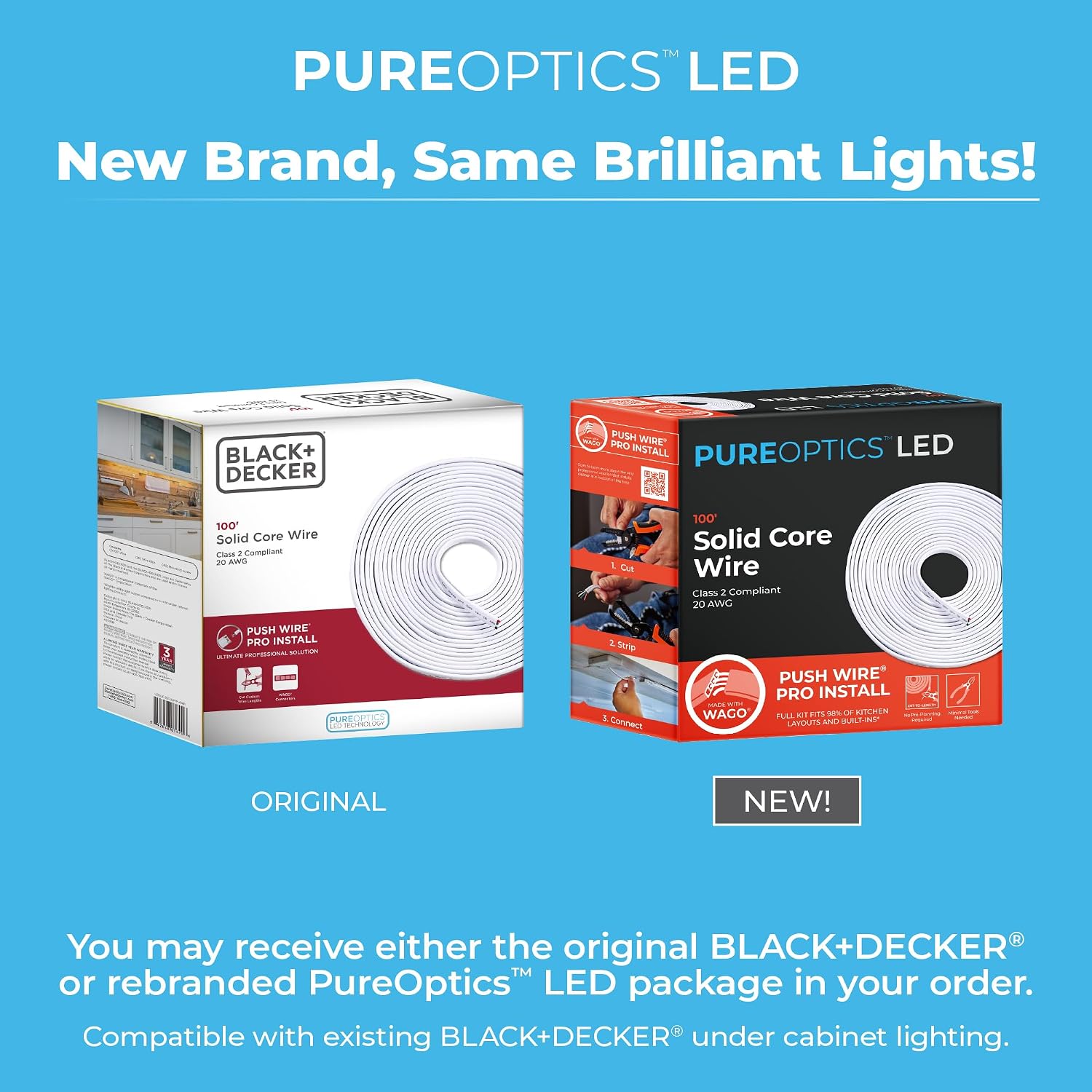 PureOptics LED Professional Push Wire 100' Jumper Wire Spool for Under Cabinet Lighting, Flat 5/6' or 8mm Cable, 4-Core CL2 Compliant, Non-Metallic, White