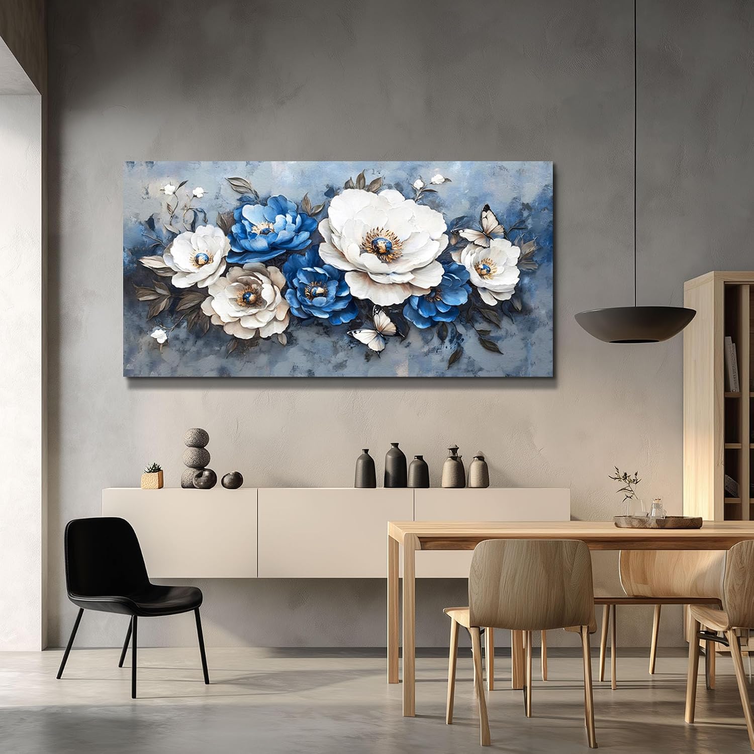 WLWBINTING Large Flower Pictures Wall Decor Vintage Floral Wall Art Floral Canvas Wall Art White Blue Floral Paintings Wall Decor Pictures Farmhouse Wall Art For Living Room Bedroom Office Home Decor