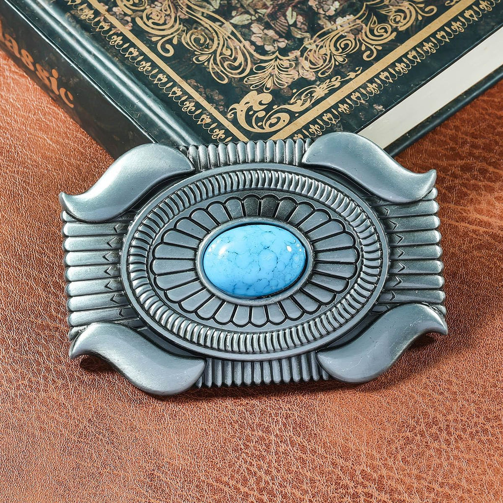 Men's Western Belt Buckle - Vintage Turquoise with Native American & Cowboy Elements