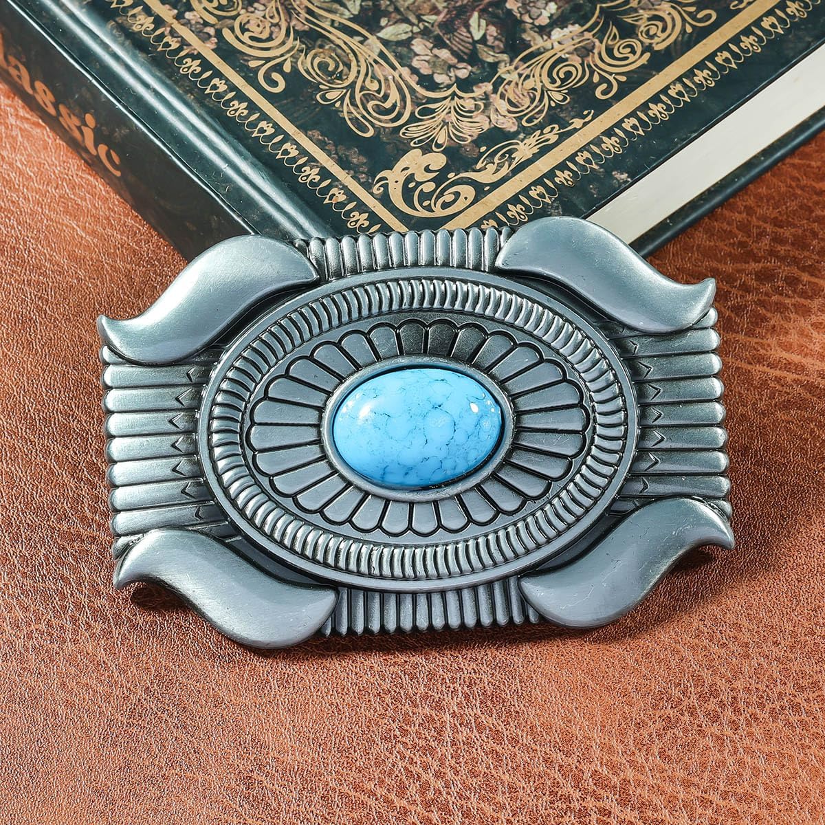 Men's Western Belt Buckle - Vintage Turquoise with Native American & Cowboy Elements