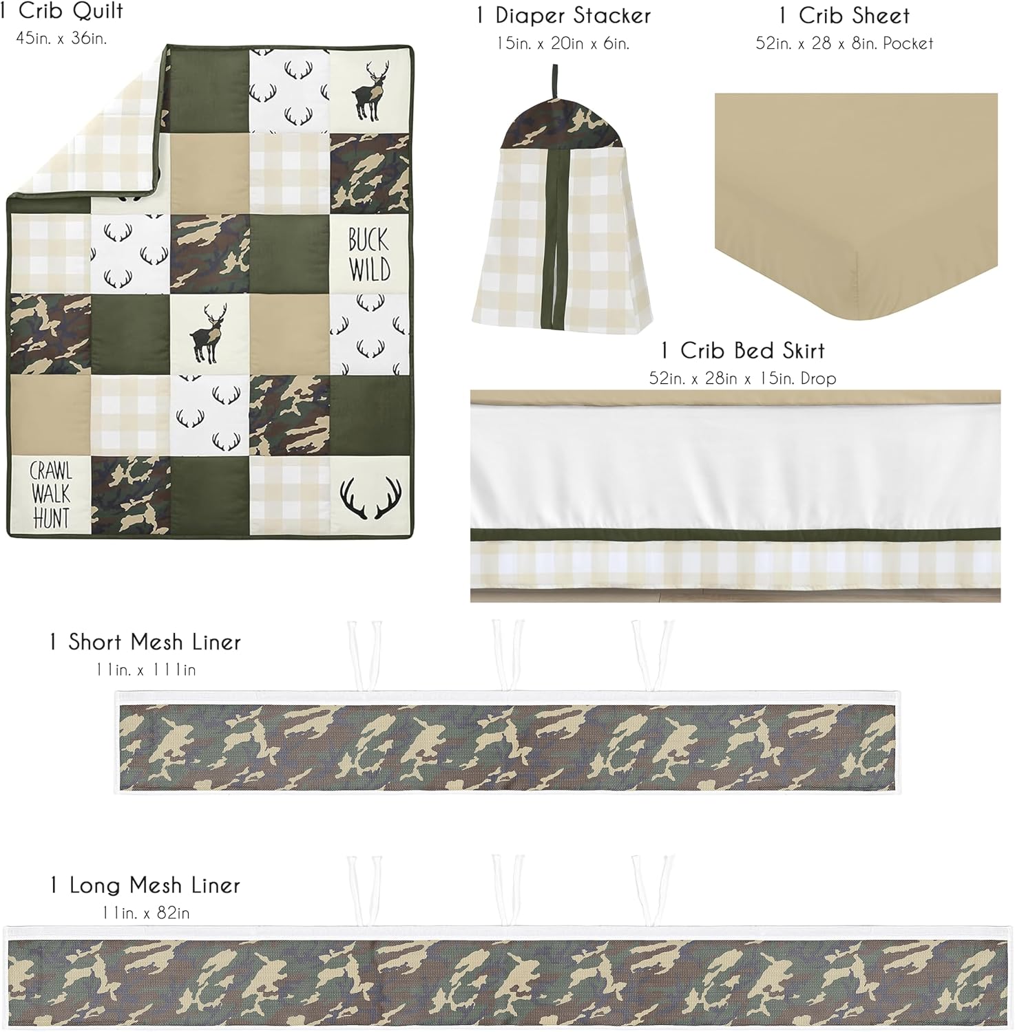 Sweet Jojo Designs 6-Piece Baby Crib Bedding Set (Woodland Camo Deer) for Boys, Infants/Nursery incl. BreathableBaby Mesh Liner Blanket, Fitted Sheet, Skirt, Diaper Stacker (Rustic, Forest Animal)