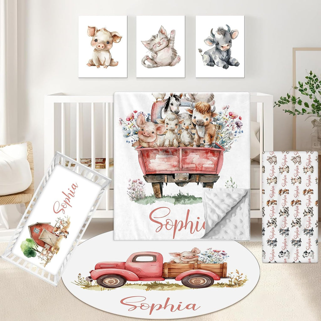 KAINSY Custom Crib Bedding Set 5 Piece for Girls Boys – Personalized Farm Animals Theme, Newborn Sleep Set, Nursery Decor, Toddler Room Essentials, Infant Sleep, Baby Room Accessories, Baby Gift