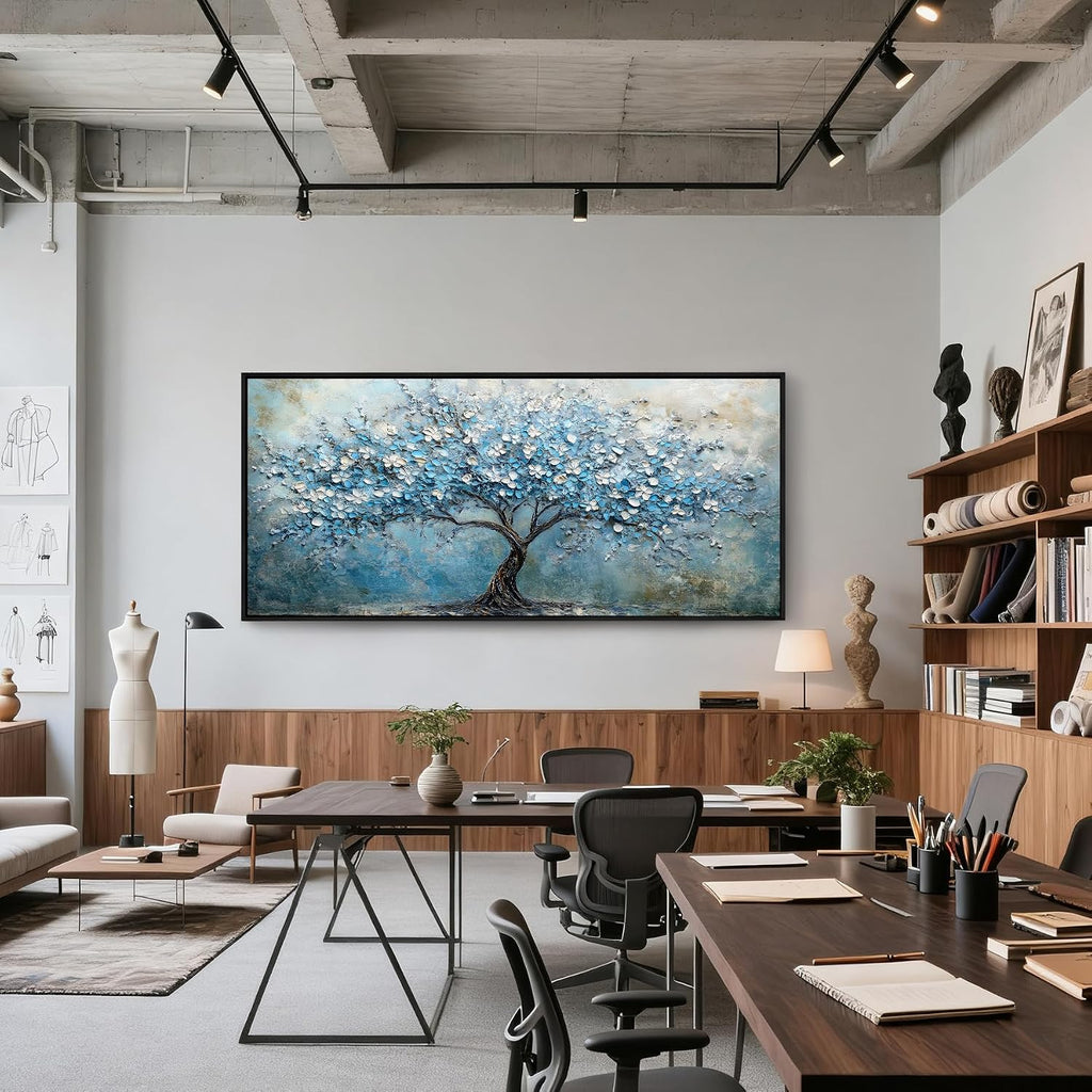 crmotu Tree of Life Wall Art, Large Wall Decor Living Room, Black Framed Wall Art, Cherry Blossom Tree Painting Prints, Modern Japanese Aesthetic Artwork, Blue Big Pictures for Office Hotel 32'x71'