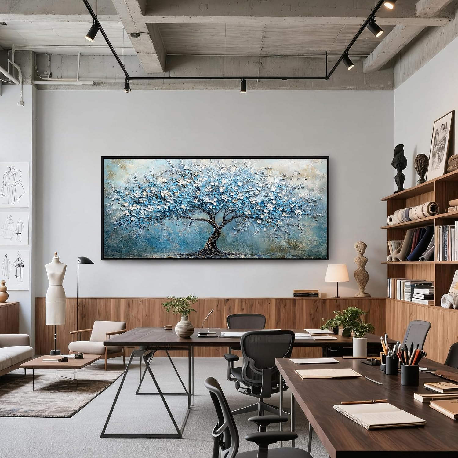 crmotu Tree of Life Wall Art, Large Wall Decor Living Room, Black Framed Wall Art, Cherry Blossom Tree Painting Prints, Modern Japanese Aesthetic Artwork, Blue Big Pictures for Office Hotel 32'x71'