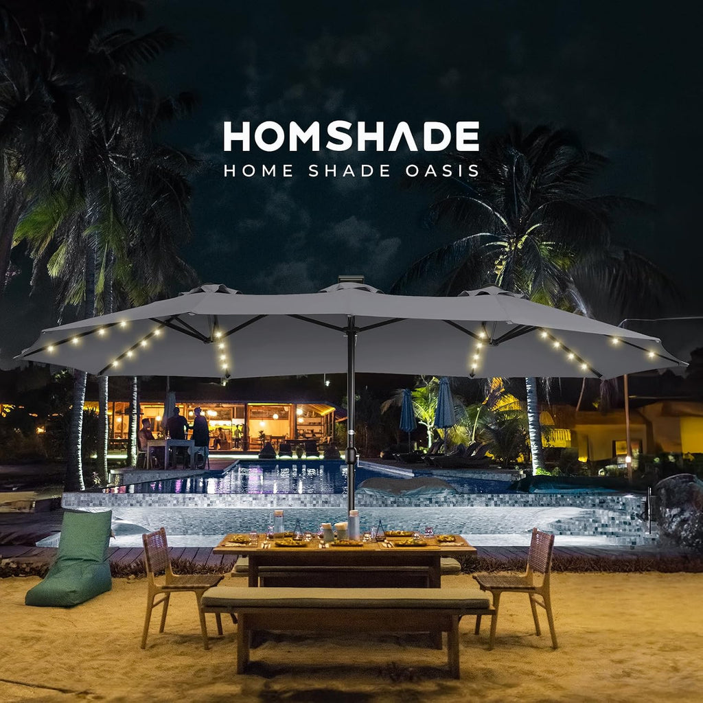 HOMSHADE Double Sided Patio Umbrellas - 15ft Solar Lights LED Lighted Outdoor Extra Large Market Table Umbrella with Base Included, Oversized Umbrella for Deck, Pool, Backyard