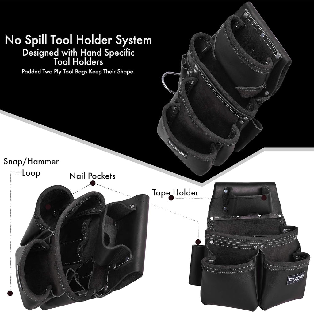 FUERI Leather Tool Belts for Men, Heavy-Duty Durable Carpenter Tool Rig Organizer With 19 Pockets-2 Pouches, Double Hammer Holder, Suspender Loops, And A Foam-Padded Belt for Framers, And Electricians