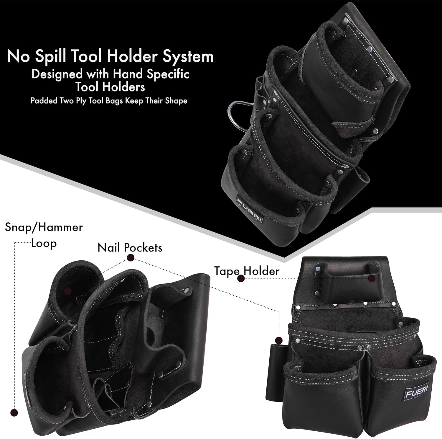 FUERI Leather Tool Belts for Men, Heavy-Duty Durable Carpenter Tool Rig Organizer With 19 Pockets-2 Pouches, Double Hammer Holder, Suspender Loops, And A Foam-Padded Belt for Framers, And Electricians