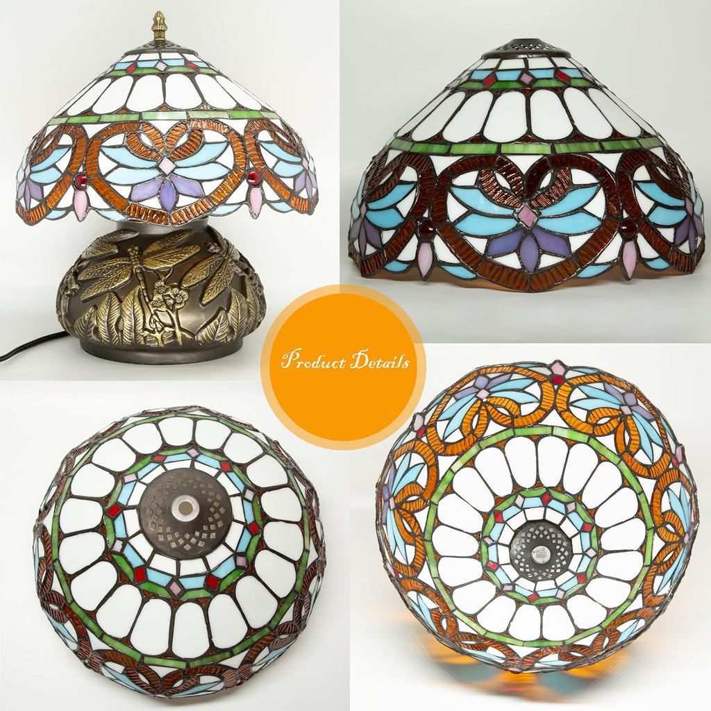 Tiffany Table Lamp,12 Inch Stained Glass Table Lamp,Mushroom Style Vintage Desk Lights Included E26 LED with Remote Control for Bedside,Bedroom,Living Room(Red Star Baroque)