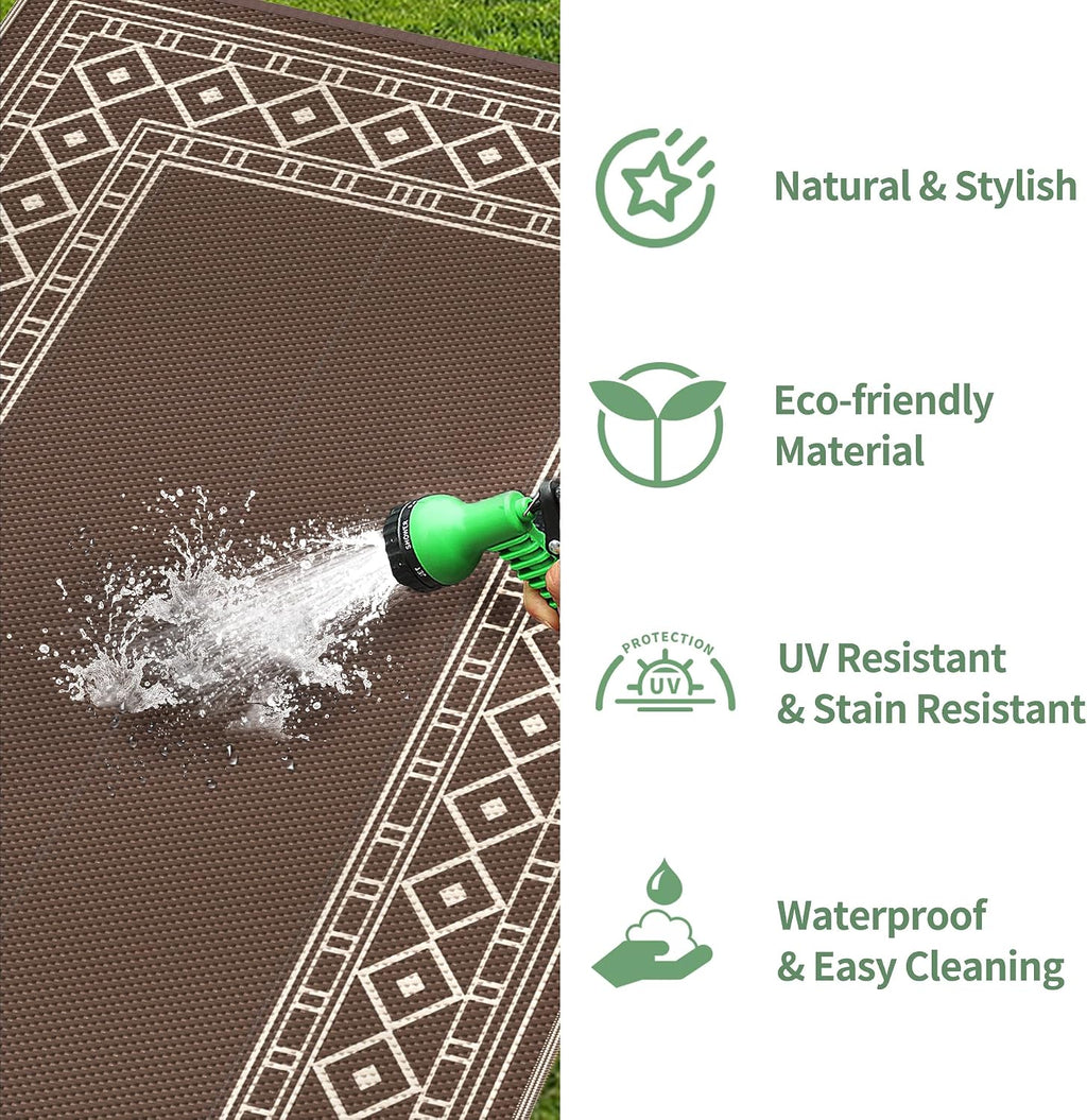GENIMO Outdoor Rug Waterproof for Patio Decor, 10'x10' Foldable Reversible Plastic Straw Carpet, Outside Area Mat for Rv, Deck, Picnic, Porch, Camper, Balcony, Beach, Coffee & Beige