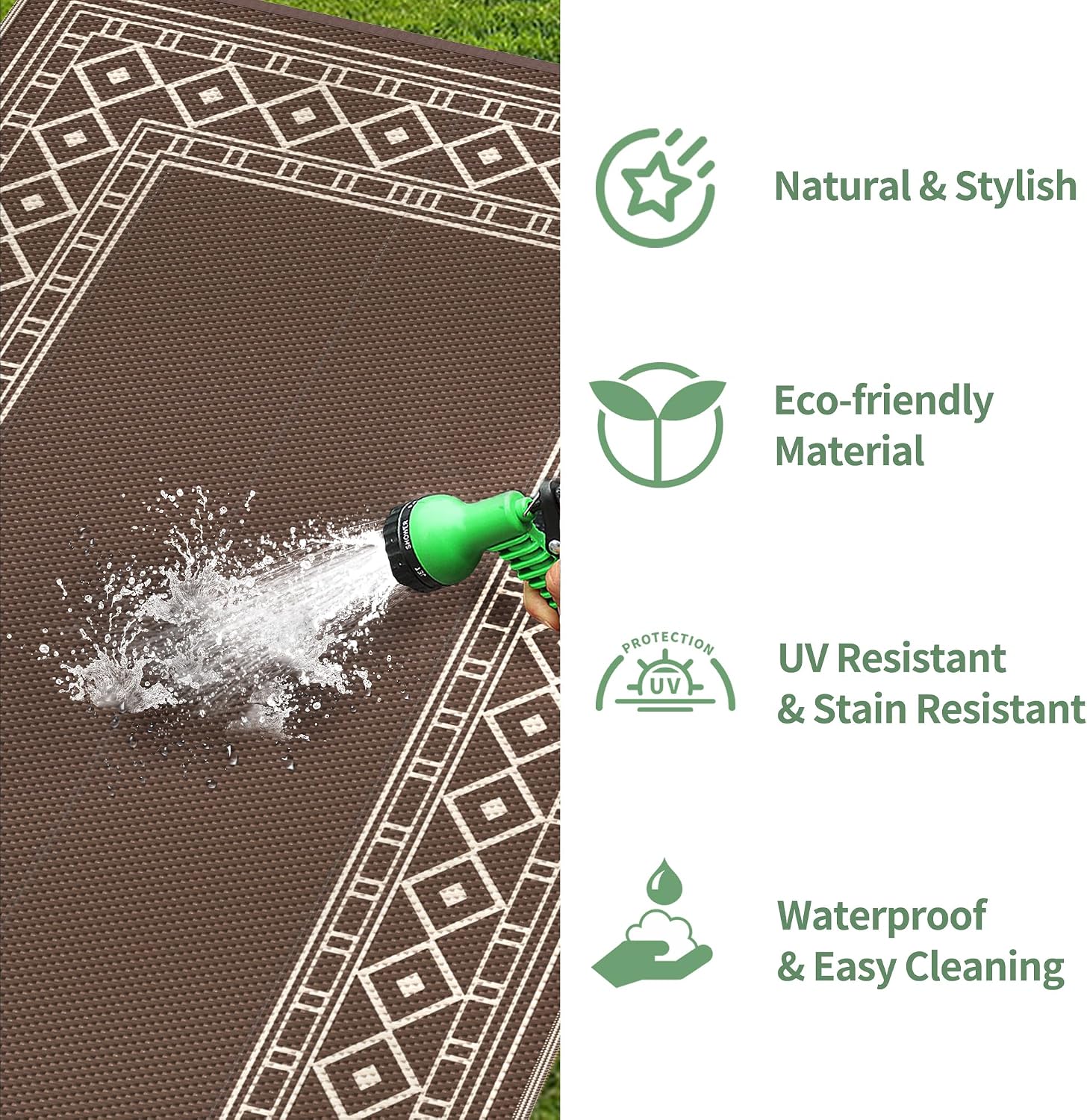 GENIMO Outdoor Rug Waterproof for Patio Decor, 10'x10' Foldable Reversible Plastic Straw Carpet, Outside Area Mat for Rv, Deck, Picnic, Porch, Camper, Balcony, Beach, Coffee & Beige
