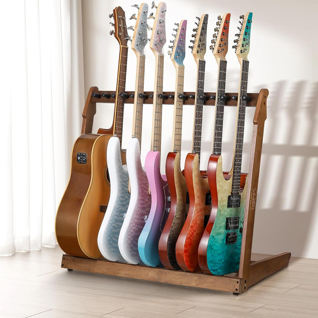 Guitar Stand for Multiple Guitars,Multi Wood Guitar Rack for 5 Acoustic Guitar, 8 Electric or Bass,18mm-thick wooden plank