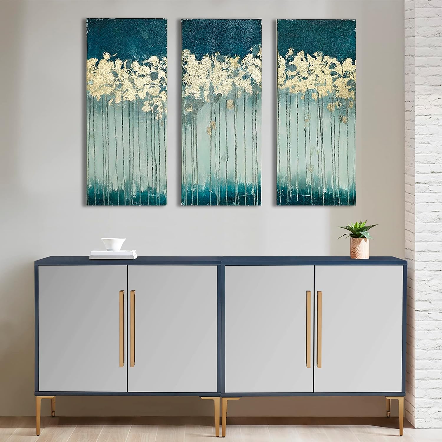 Madison Park Wall Art Living Room Decor - Embelished Gold Foil Triptych Canvas Home Accent Dining, Bathroom Decoration, Ready to Hang Painting for Bedroom, 15' x 35', Midnight Forest Blue 3 Piece