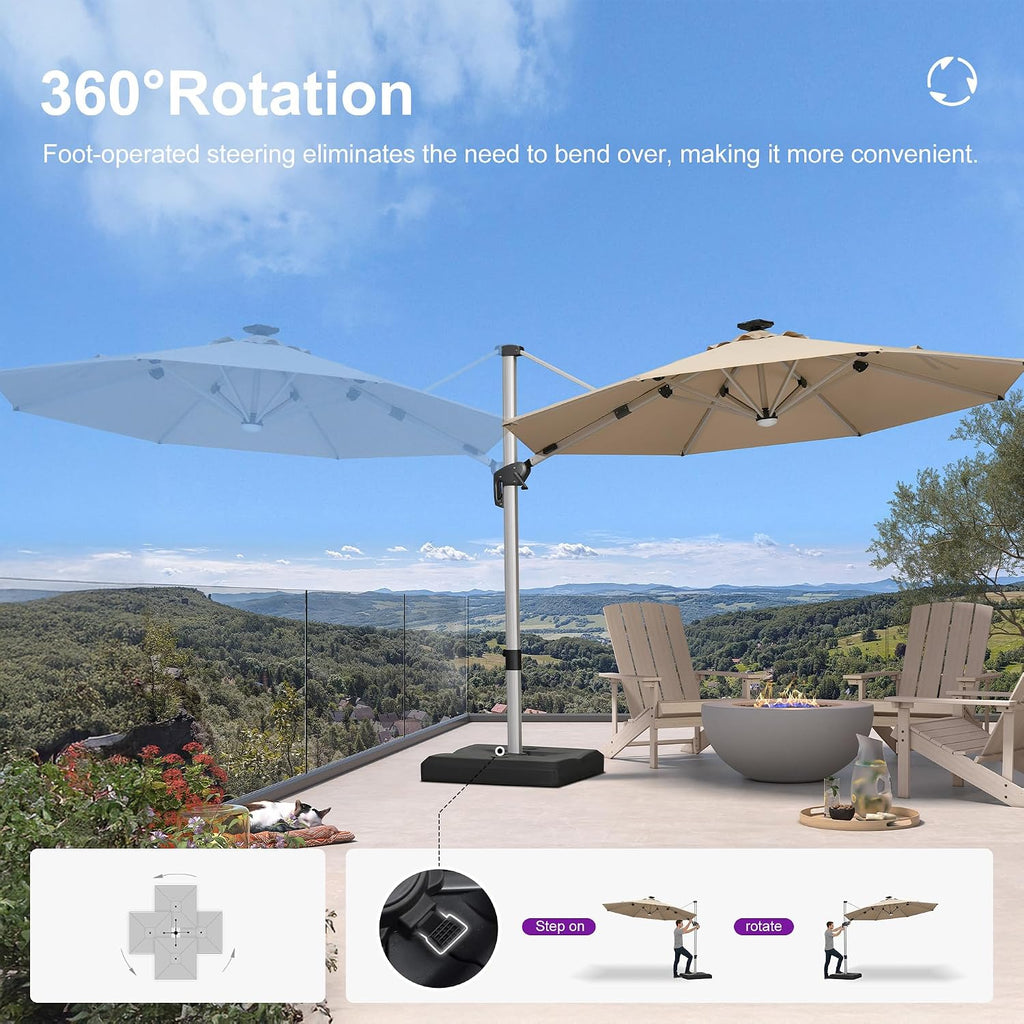 PURPLE LEAF Cantilever Umbrella with base 10ft Outdoor Round Patio Solar Powered LED Umbrella with 360-degree Rotation for Garden Deck Pool Patio, Beige