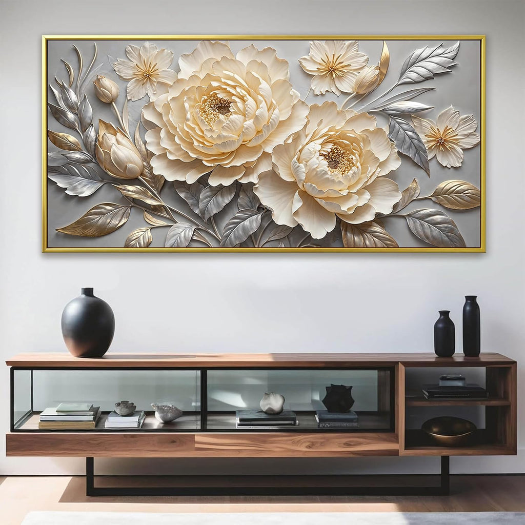 Large Canvas Art Wall Decor Print Silver White Flowers Wall Art Picture Modern Landscape Artwork Painting Gold Framed Wall Art For Living Room Bedroom Home Office Prints Artwork 29' X 58'
