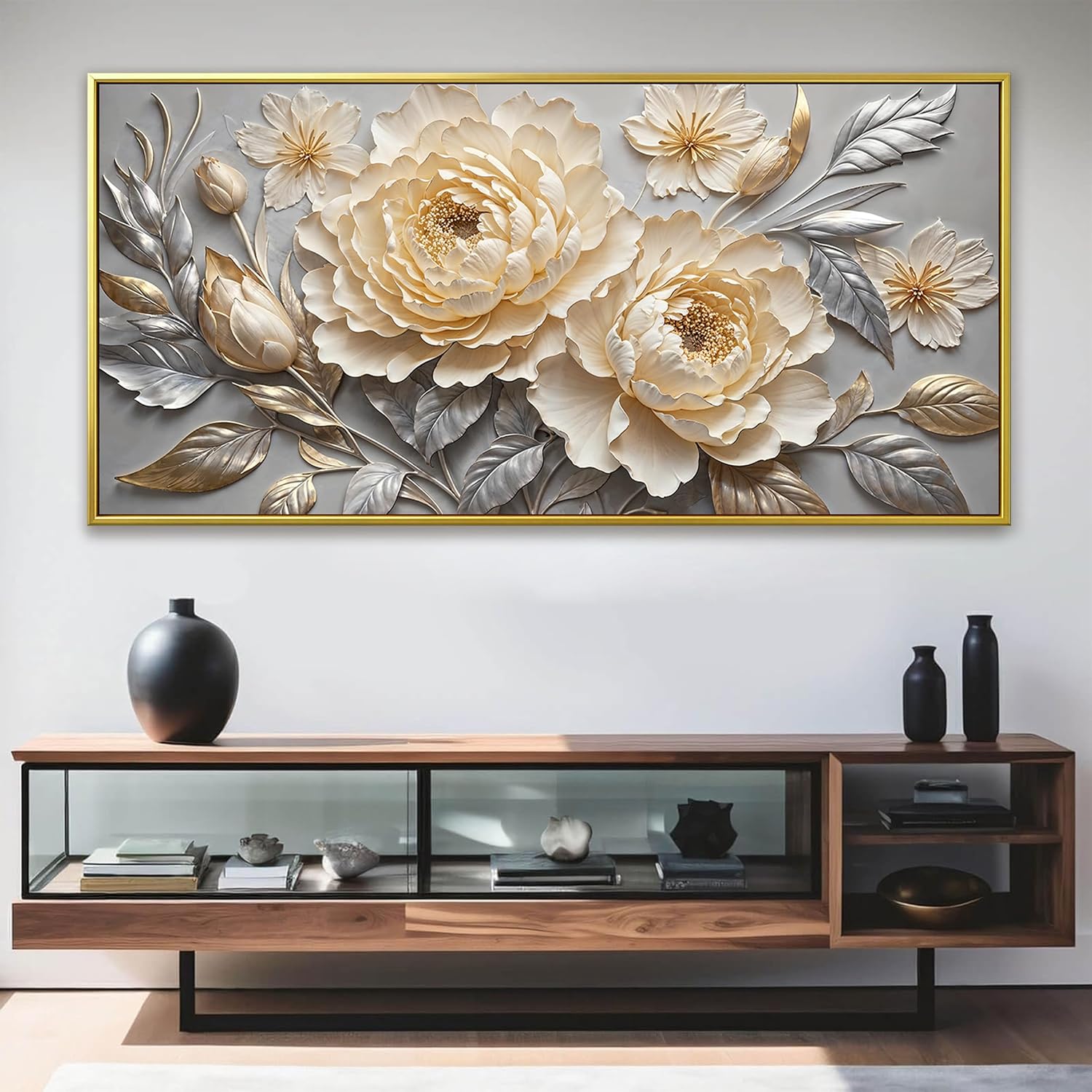 Large Canvas Art Wall Decor Print Silver White Flowers Wall Art Picture Modern Landscape Artwork Painting Gold Framed Wall Art For Living Room Bedroom Home Office Prints Artwork 29' X 58'