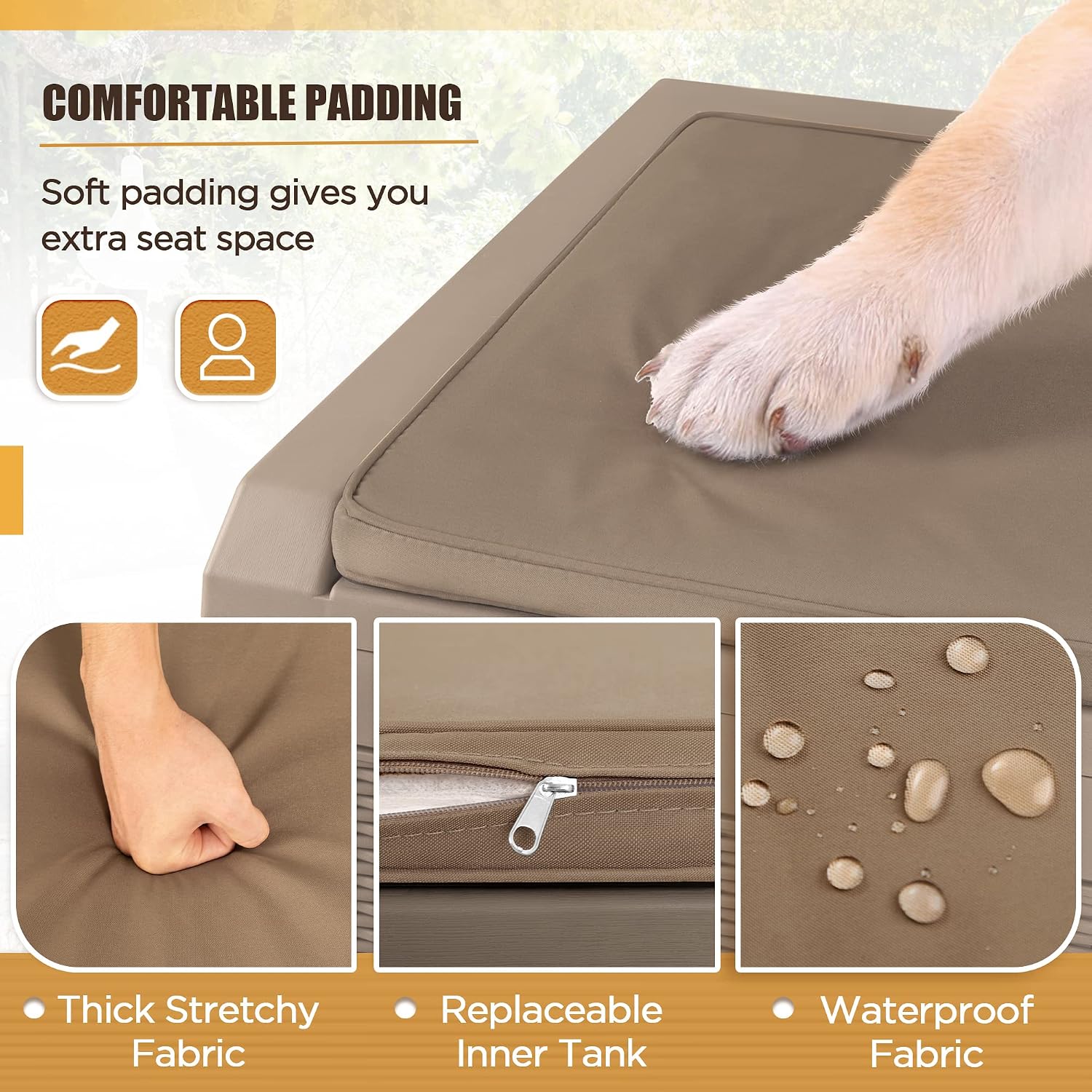 Devoko 100 Gallon Waterproof Large Resin Deck Box Outdoor Storage Box Indoor Lockable Storage Container with Cushion for Patio Furniture Garden Pool Cushions (Light Brown)