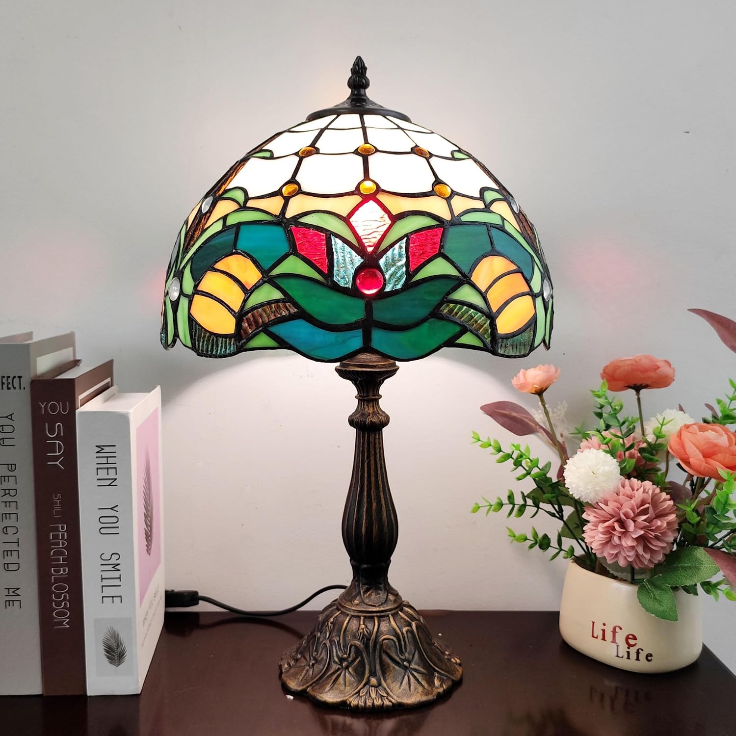 Tiffany Table Lamp Green Flowers Style Stained Glass Desk Light 12 Inch Tiffany Style Bedside Lamp with LED Bulb for Bedroom Living Room Office Decor