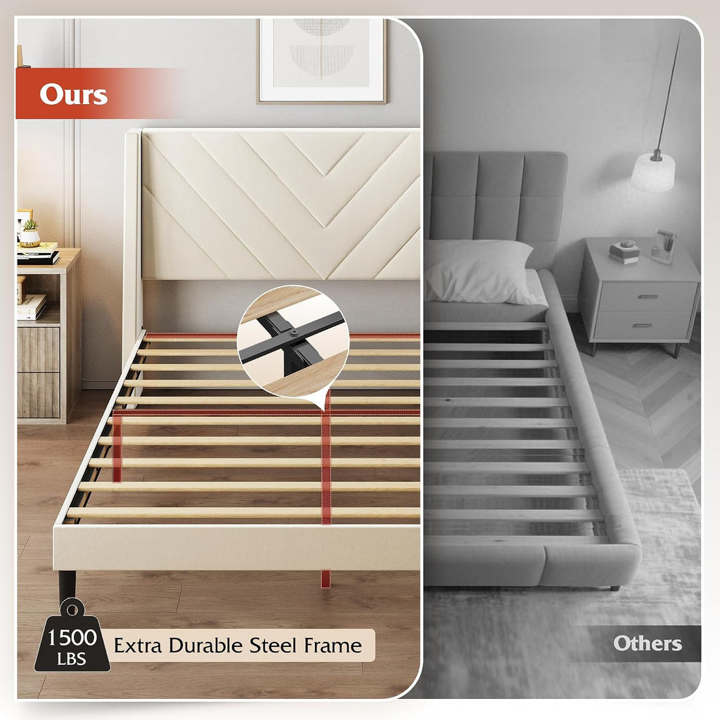 WLIVE Upholstered Bed Frame, Queen Bed Frame with Tufted Headboard, Platform Bed with Wing Side & Wood Slats, 1500LBS Mattress Foundation, No Box Spring Needed, Easy Assembly, Velvet Beige