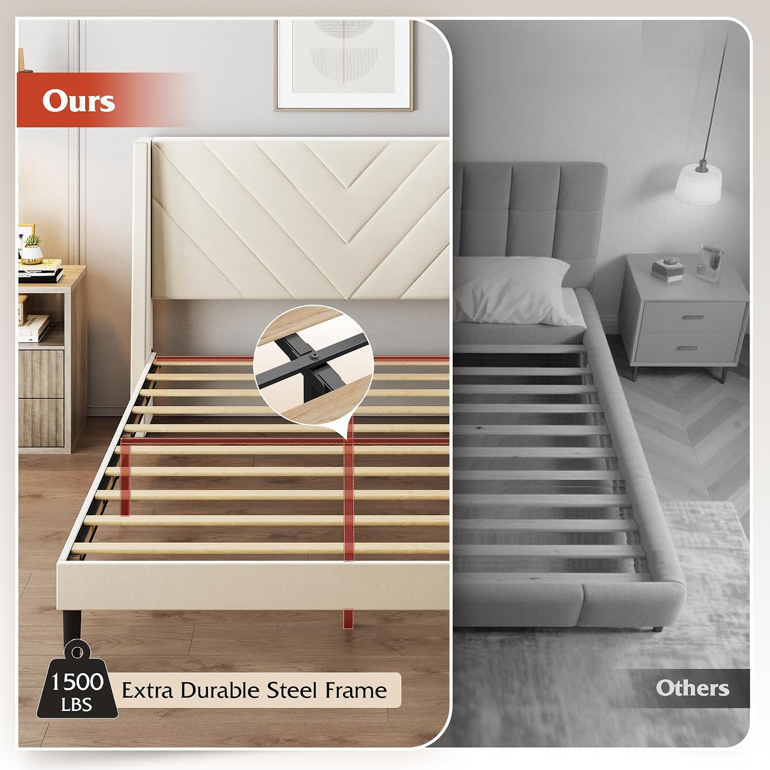 WLIVE Upholstered Bed Frame, Queen Bed Frame with Tufted Headboard, Platform Bed with Wing Side & Wood Slats, 1500LBS Mattress Foundation, No Box Spring Needed, Easy Assembly, Velvet Beige