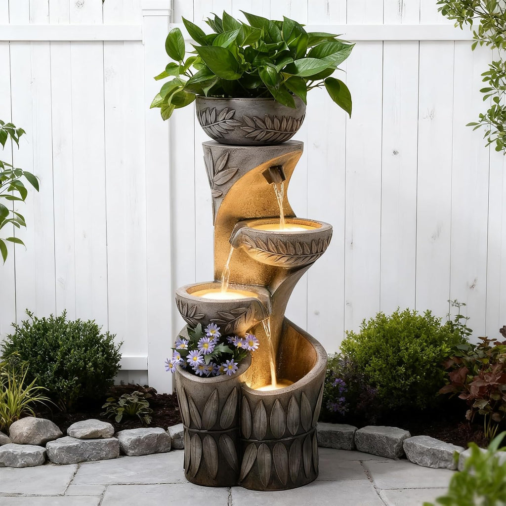 4 Tiered Water Fountain Outdoor, 35.6' Tall Cascading Bowl Leaf Carved Outdoor Waterfall Fountains Modern Water Feature with Dual Planters for Garden, Patio,Deck, Yard, Indoor Decor