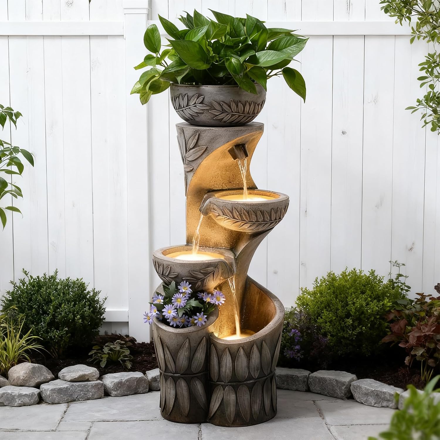 4 Tiered Water Fountain Outdoor, 35.6' Tall Cascading Bowl Leaf Carved Outdoor Waterfall Fountains Modern Water Feature with Dual Planters for Garden, Patio,Deck, Yard, Indoor Decor