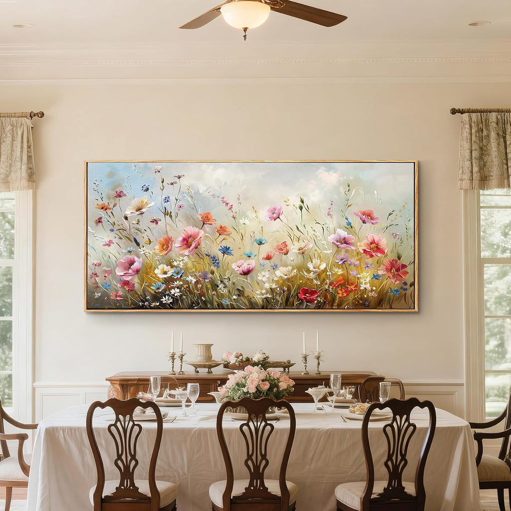 crmotu Floral Wall Art, Extra Large Wall Art, Flower Wall Decor, Oversized Framed Artwork for Walls, Colorful Wildflower Art Prints, Botanical Painting for Living Room Office Dining Room Hotel 32'x71'