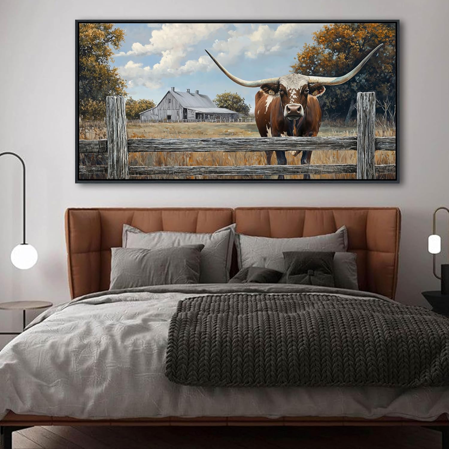 XLSJERST Rustic Wall Decor Poster 48x24 Inches - Longhorn Picture Farm Artwork Canvas Picture Brown Cow Wall Art for Living Room Guest Bath Decoration