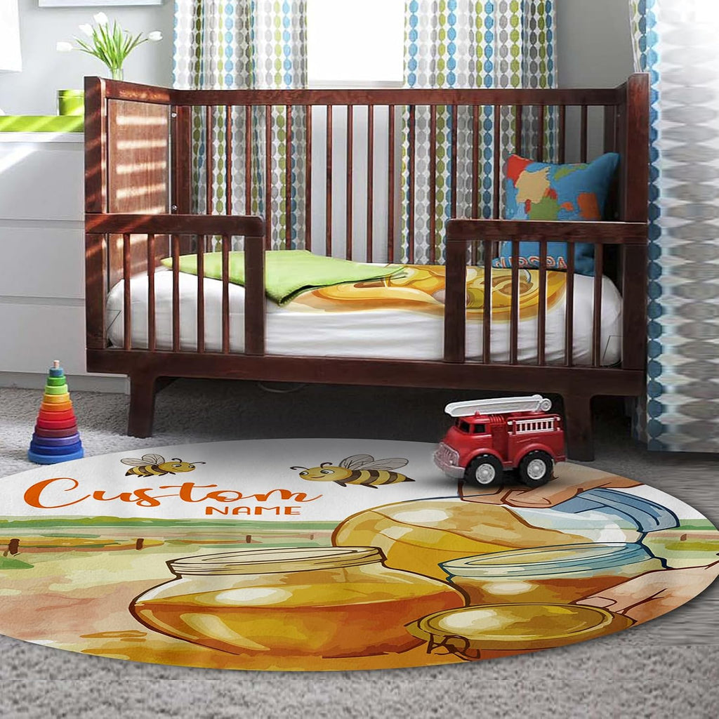 Personalized Crib Bedding Set for Baby Boys Girls, Honeypot Pattern Custom Name Baby Crib Sets 5-Pcs, Double Layer Baby Blanket Fitted Sheet Changing Pad Cover Rug Wall Art Set
