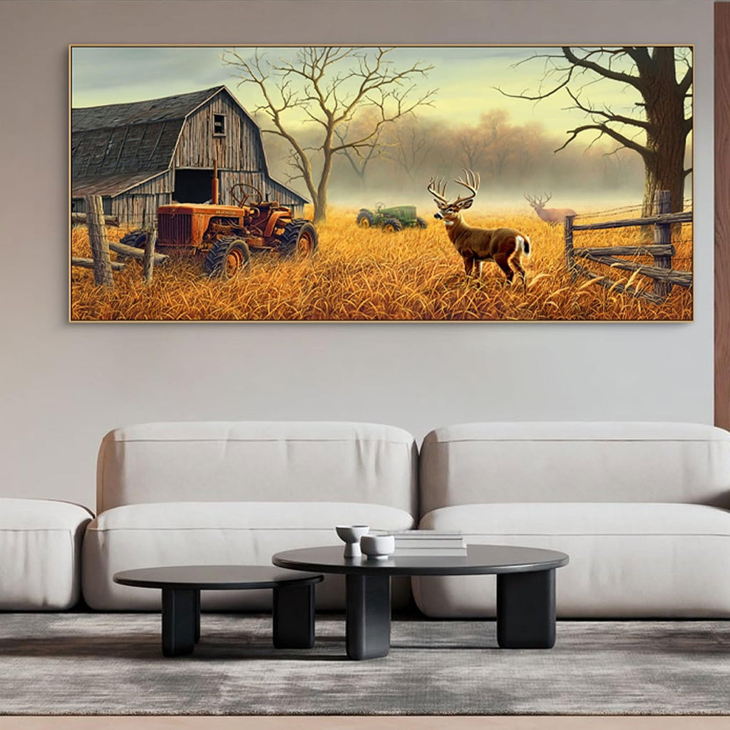 XLSJERST Deer Wall Art for Living Room Canvas Prints Decor Country Tractor Rustic Wildlife Cabin Hunting Picture Glass Surface Artwork for Bedroom Home Office 86x39 Inches