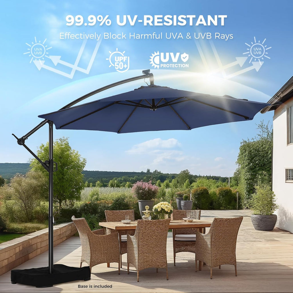 HOMSHADE 10ft Solar Lights Offset Cantilever Patio Umbrella - with Light and Base, LED Lighted Offset Hanging Patio Outdoor Market Umbrella UPF50+ UV Protection with Easy Tilt and Crank (Navy Blue)