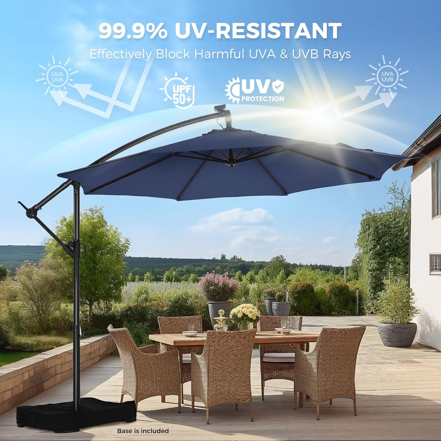 HOMSHADE 10ft Solar Lights Offset Cantilever Patio Umbrella - with Light and Base, LED Lighted Offset Hanging Patio Outdoor Market Umbrella UPF50+ UV Protection with Easy Tilt and Crank (Navy Blue)