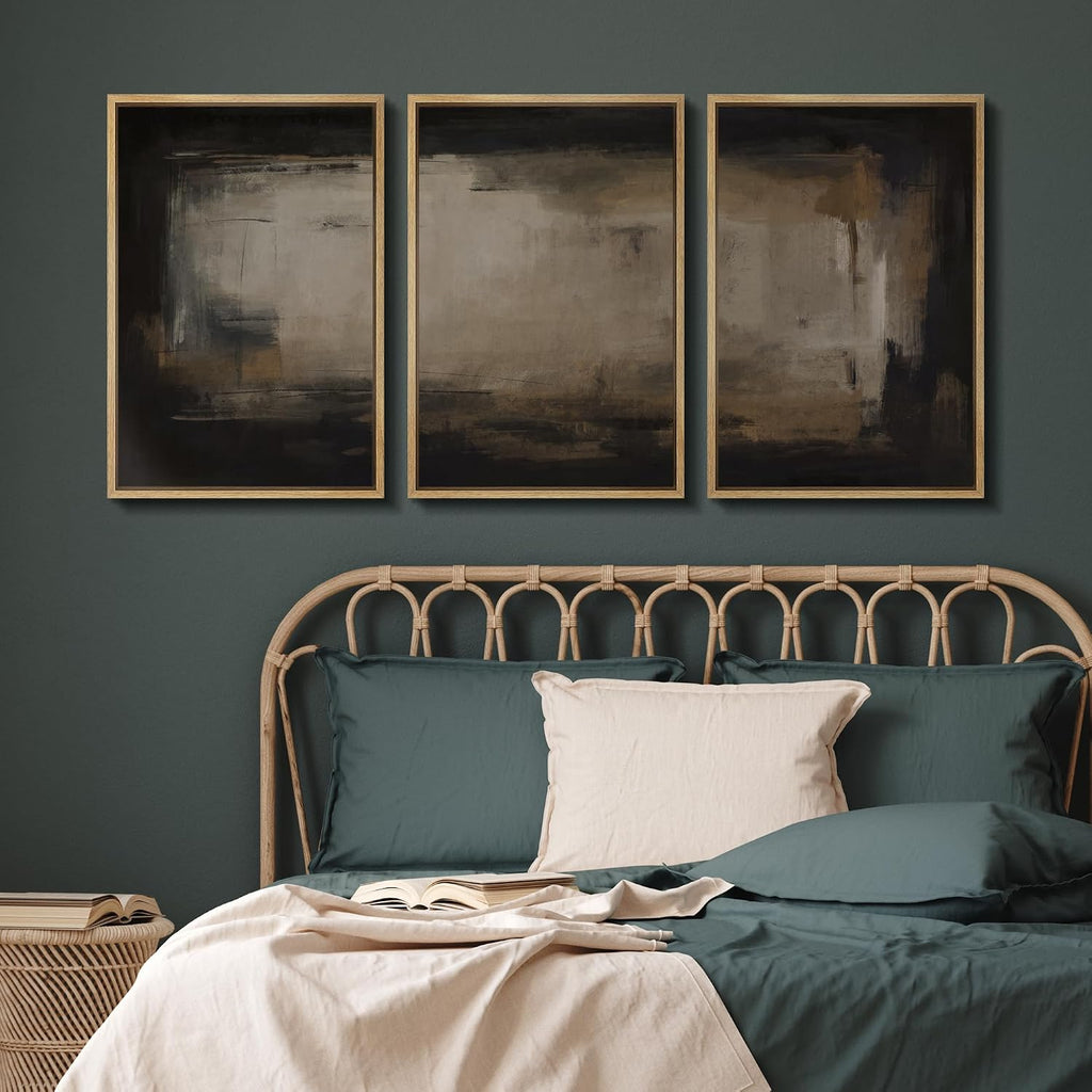 SIGNFORD Framed Canvas Print Wall Art Set Shadow Layers Abstract Dark Brown and Black Illustrations Modern Art Relax/Calm for Living Room, Bedroom, Office - 24'x36'x3 Natural
